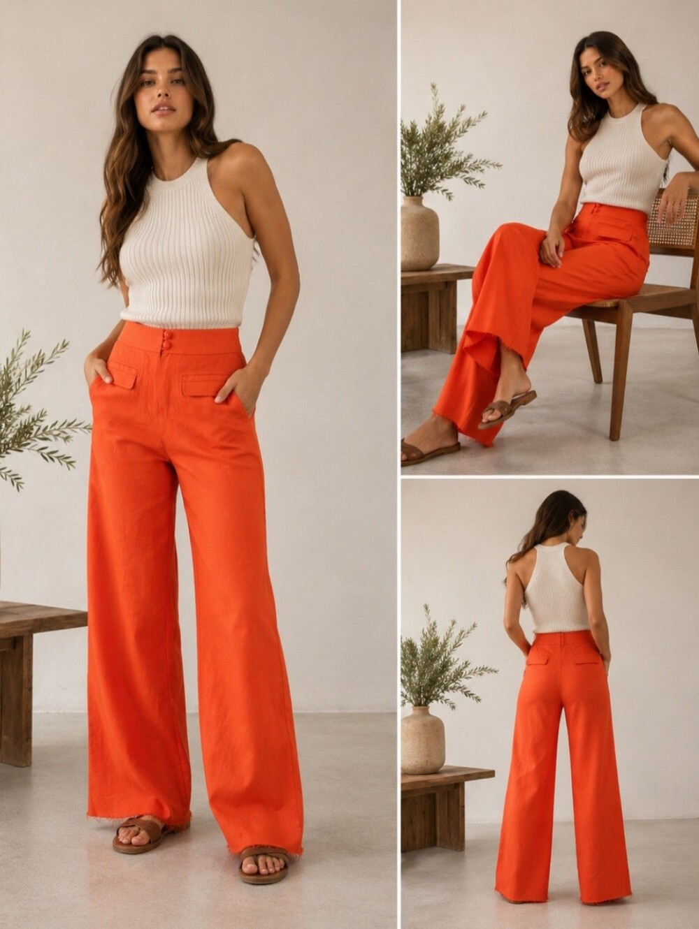 Tory Burch Women's Linen/Lyocell Wide-Leg Pants in Bright Orange 2/XS NEW